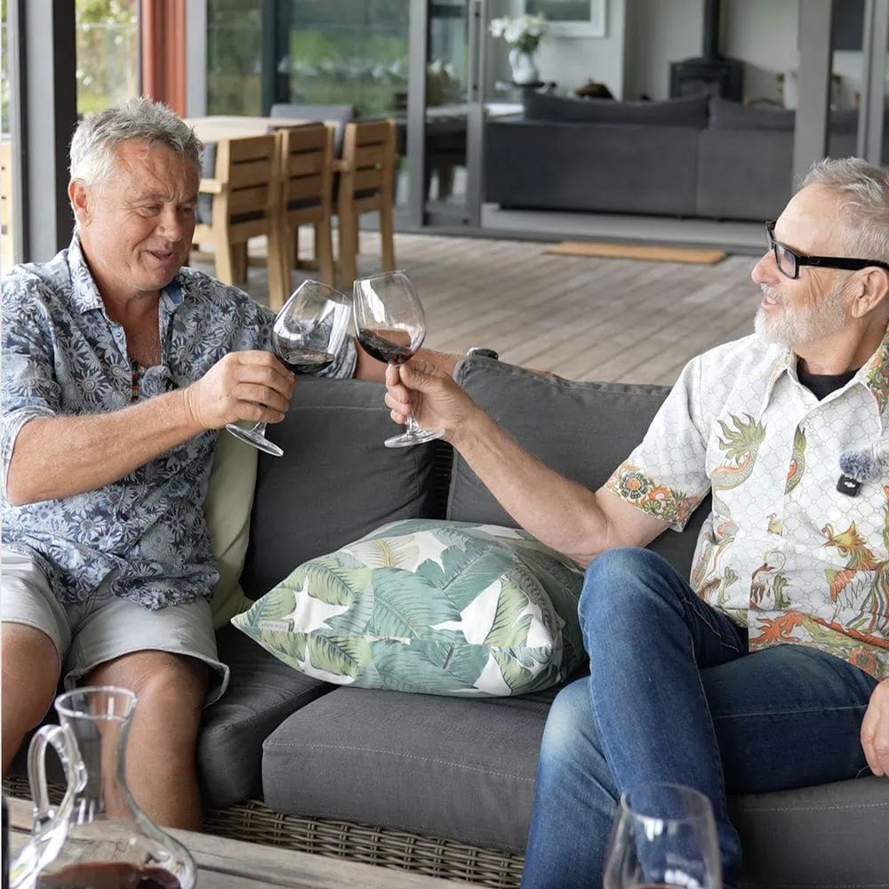 Bayden Wilson and Gordon Russell doing wine tastings on the deck on Kiwiesque.